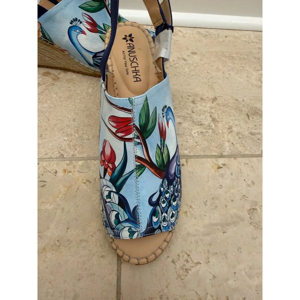 Anuschka Maya Printed Leather Espadrille Wedge Sandals Peacock Blue 9